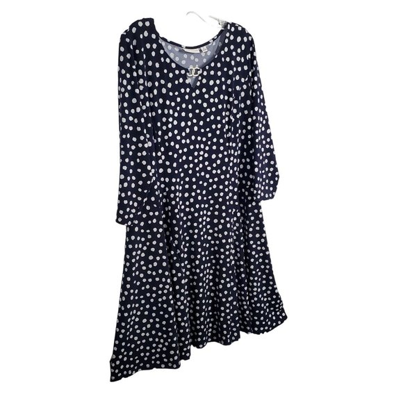 Susan Graver Sz XL Dress Liquid Knit Long Enamel Keyhole Polka Dot Stretch Blue - Picture 1 of 13
